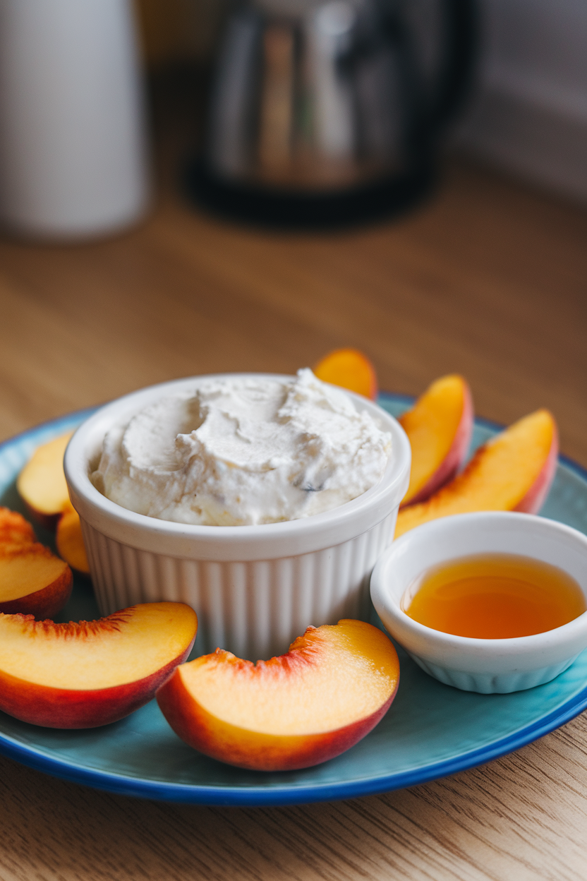 Indoor snack plate featuring a ramekin of creamy cottage cheese beside fresh peach slices. No text or logos; photo only.
