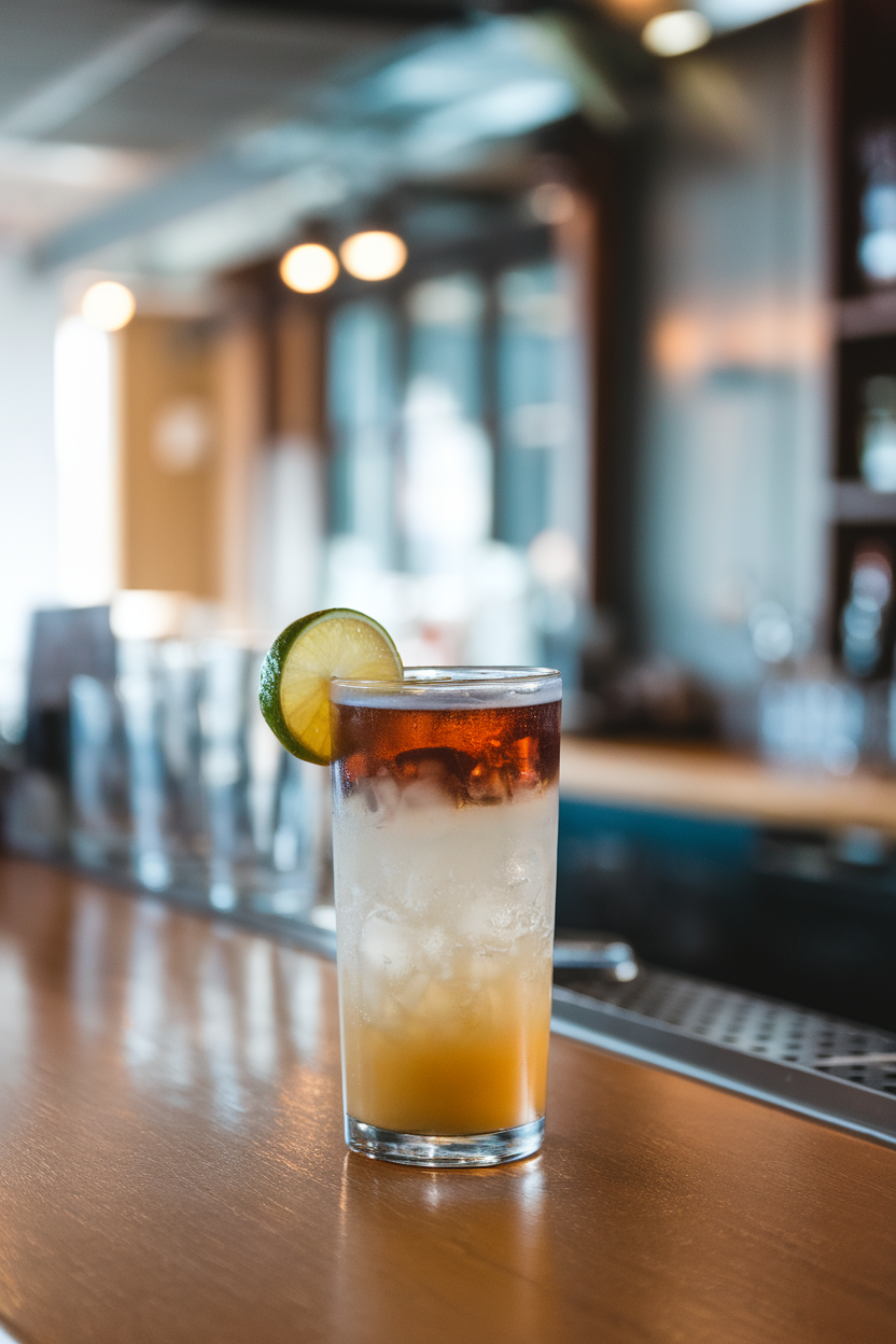 Indoor bar with a highball of dark rum layered over ginger beer, lime wedge on rim, slight storm-like swirl captured mid-stir. No text or logos shown. Photo, not illustration.