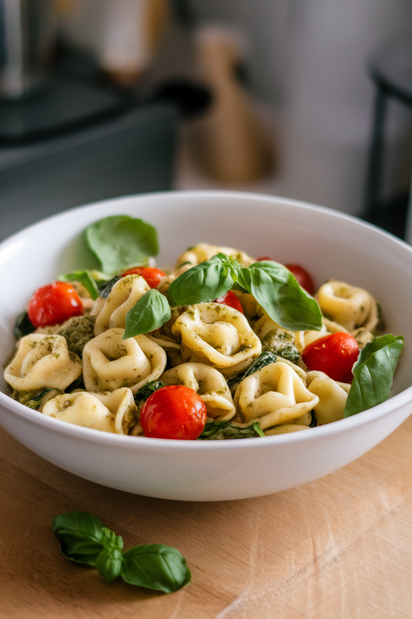 Photo of a white bowl indoors containing cheese tortellini tossed with basil pesto, cherry tomatoes, and baby spinach. No text or logos.