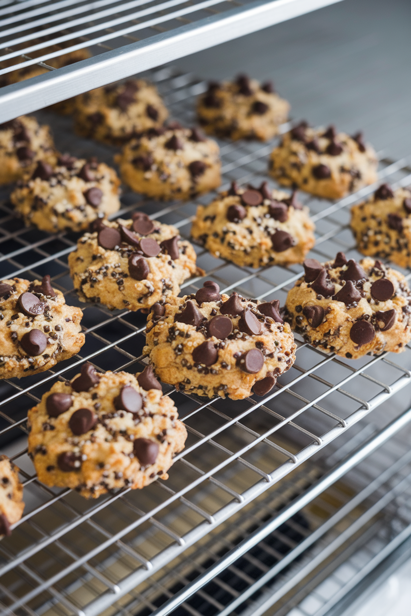Indoor wire rack holding round breakfast cookies studded with chocolate chips and quinoa flakes. No logos or text visible.