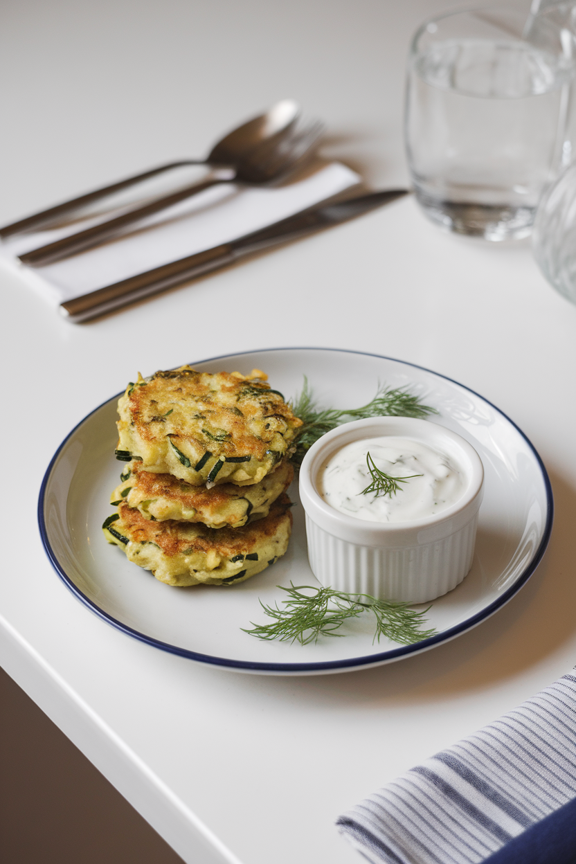 An indoor dining plate featuring golden zucchini fritters stacked beside a small ramekin of yogurt dill sauce; no text or logos present.