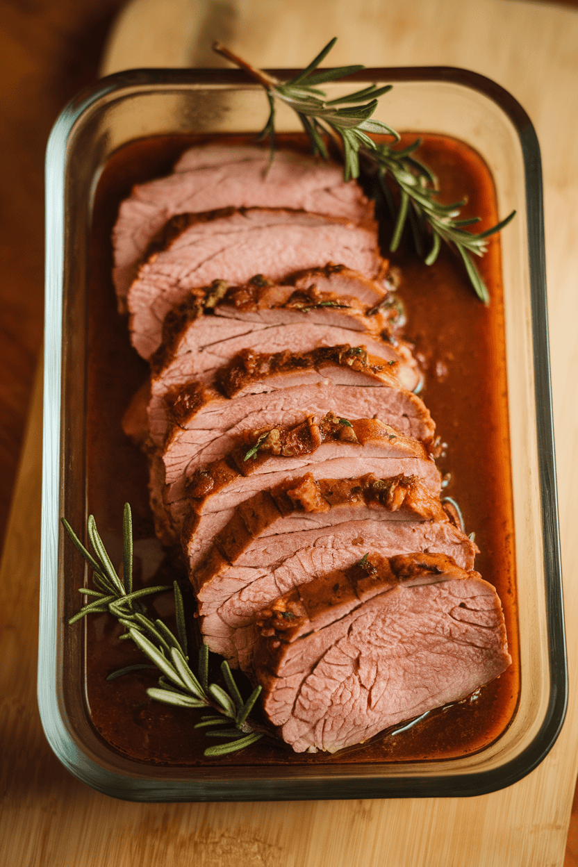 Photo of sliced pork tenderloin arranged in a glass container with sprigs of rosemary, indoor lighting, no text or logos.