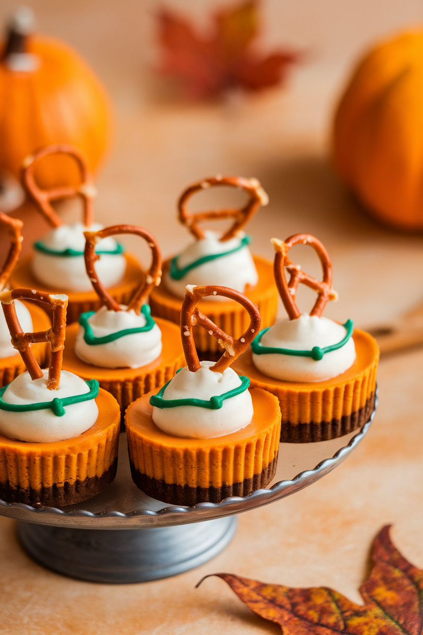 An indoor platter of bite-size pumpkin cheesecakes topped with tiny pretzel-stick “stems” and green icing vines. Photo only, no text or logos.