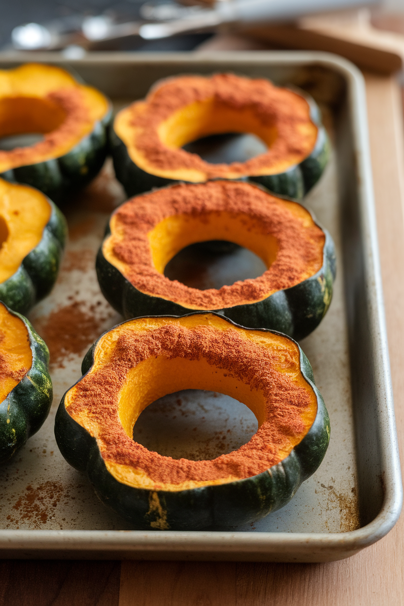 Indoor baking tray lined with roasted acorn squash rings dusted in cinnamon and smoked paprika. Photo, no text or logos.