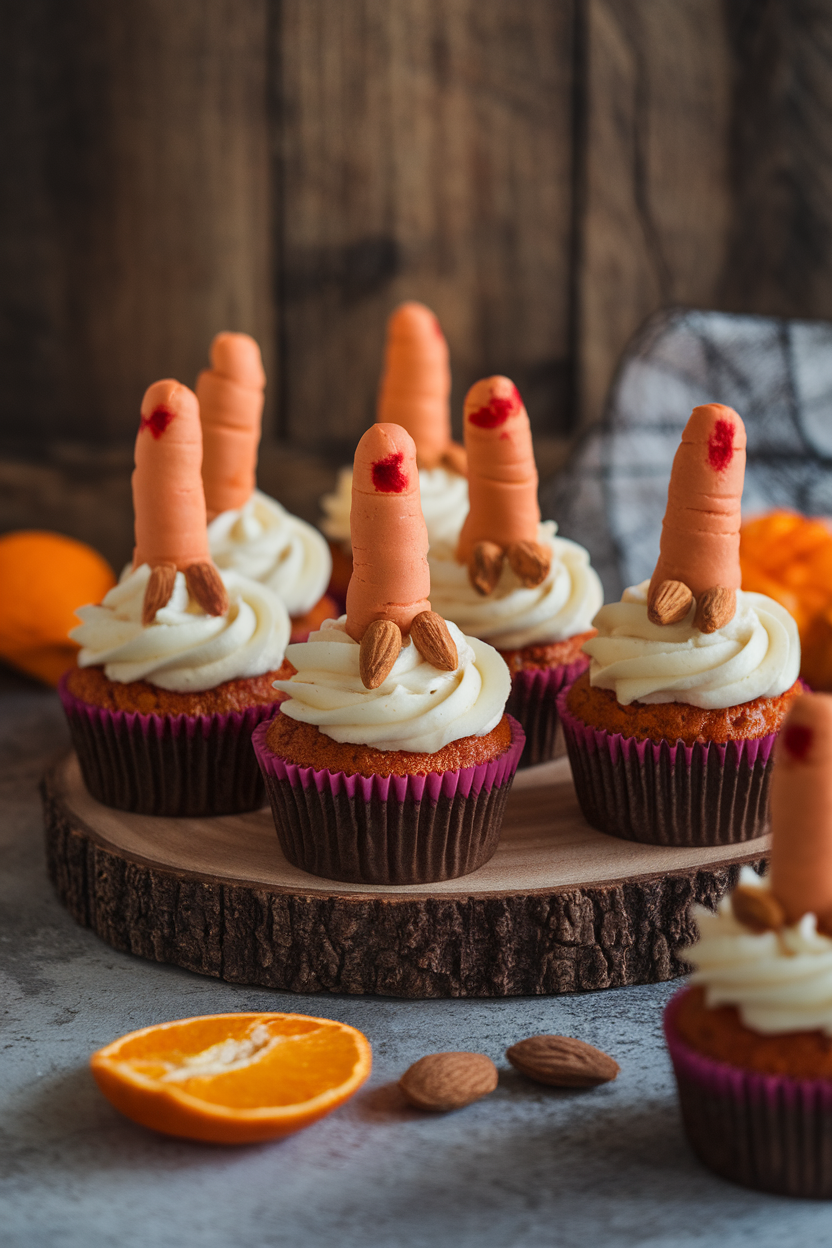 Indoor photo of carrot cake cupcakes topped with marzipan witch fingers, almond “nails” stained red. No text or logos.