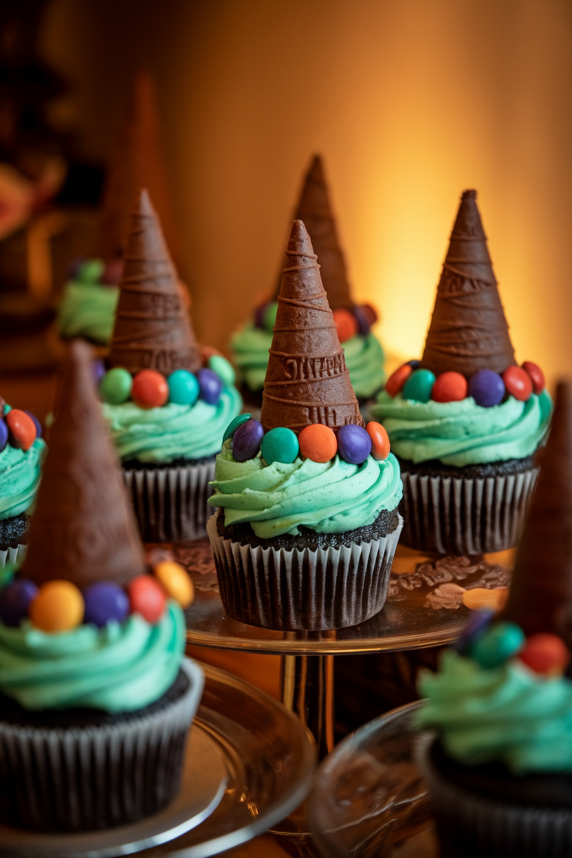 Indoor setup with chocolate-mint cupcakes topped by upside-down chocolate-dipped sugar cones acting as witch hats, finished with a candy belt, warm lighting, no text or logos.