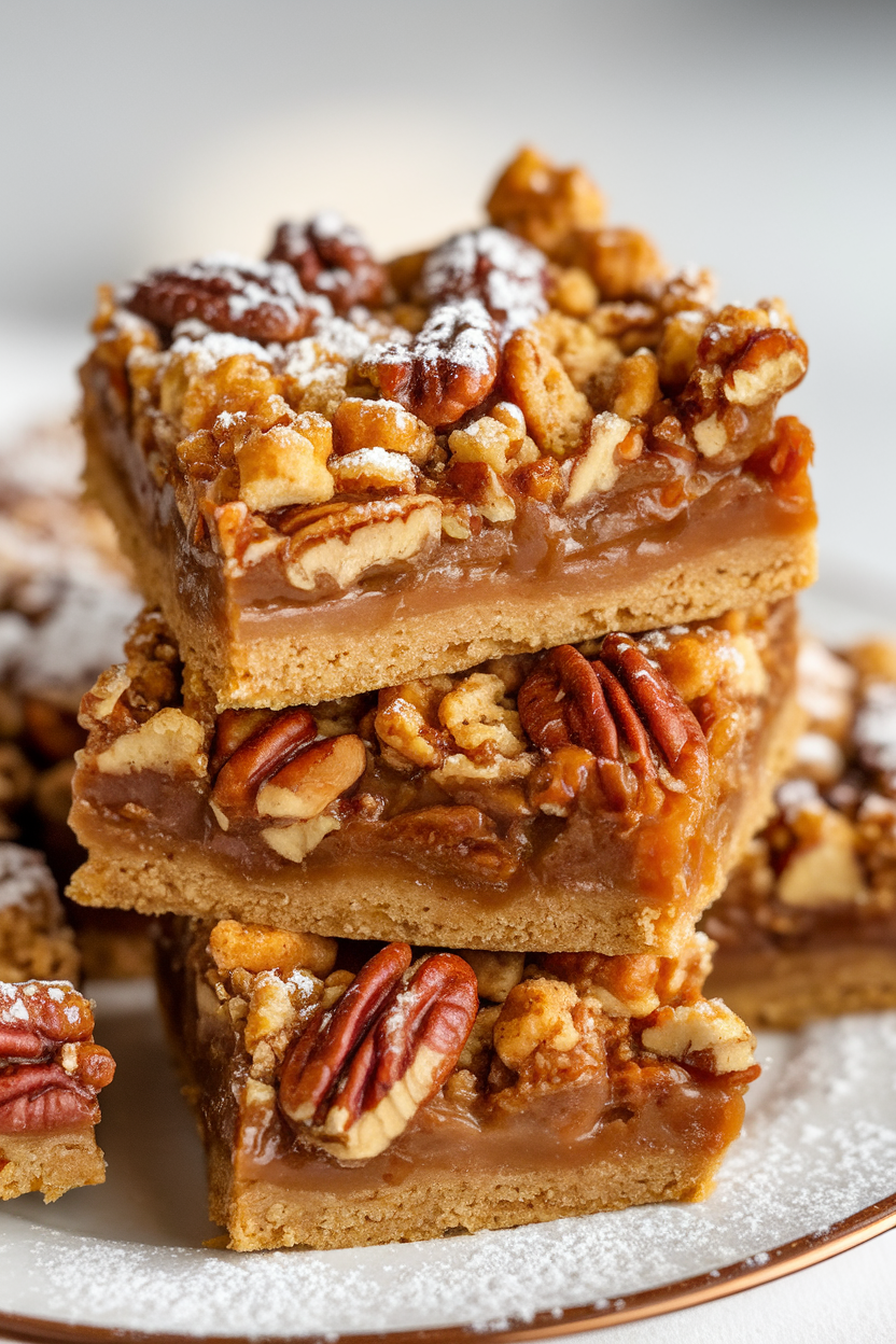 An indoor dessert plate stacked with pecan pie bars, caramel filling visible, no text or logos. Photo.</Prompt