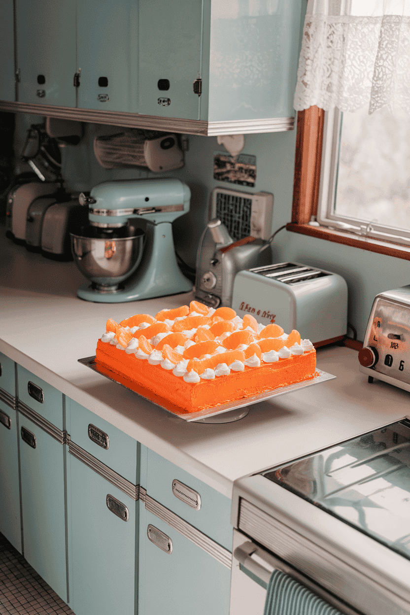 Indoor retro kitchen scene with a bright orange sheet cake covered in whipped topping and mandarin segments. No text or logos. Photo.