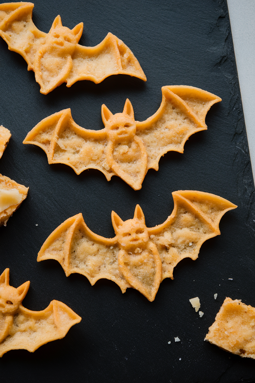 Photo of bat-shaped baked parmesan crisps on a black slate board, indoor setting. No text or logos.