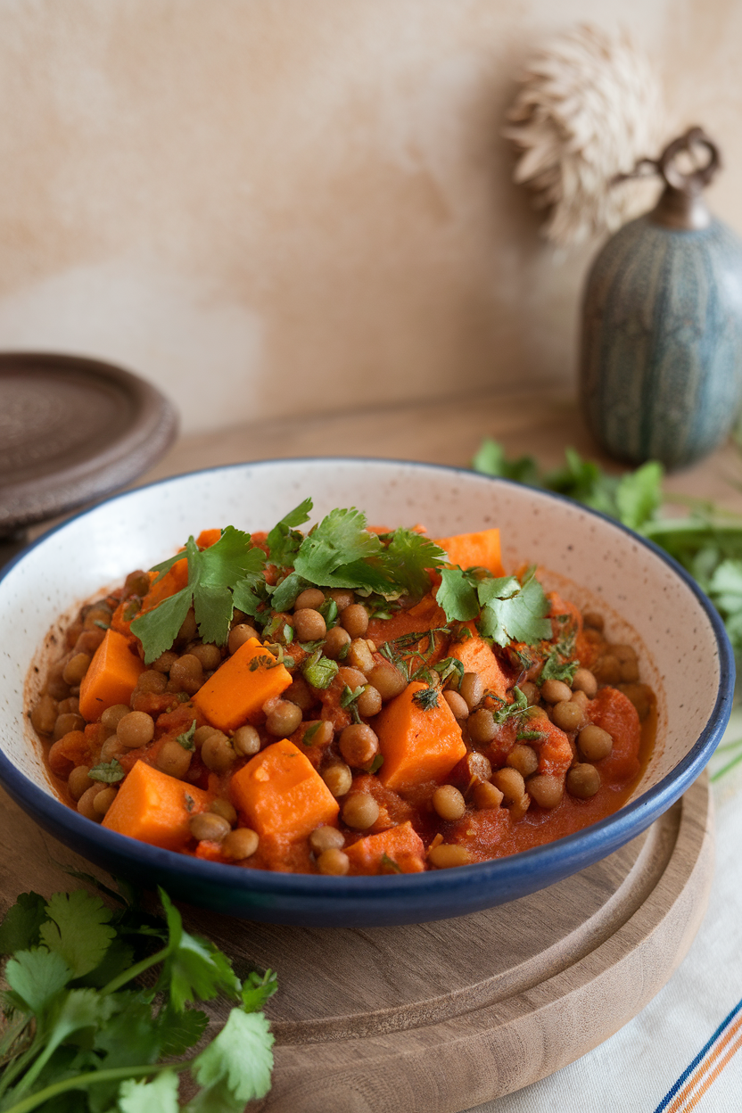 An indoor dining scene showing a shallow bowl of Moroccan-style tagine with orange sweet potato chunks, lentils, and apricots in a spiced tomato sauce; no logos present.