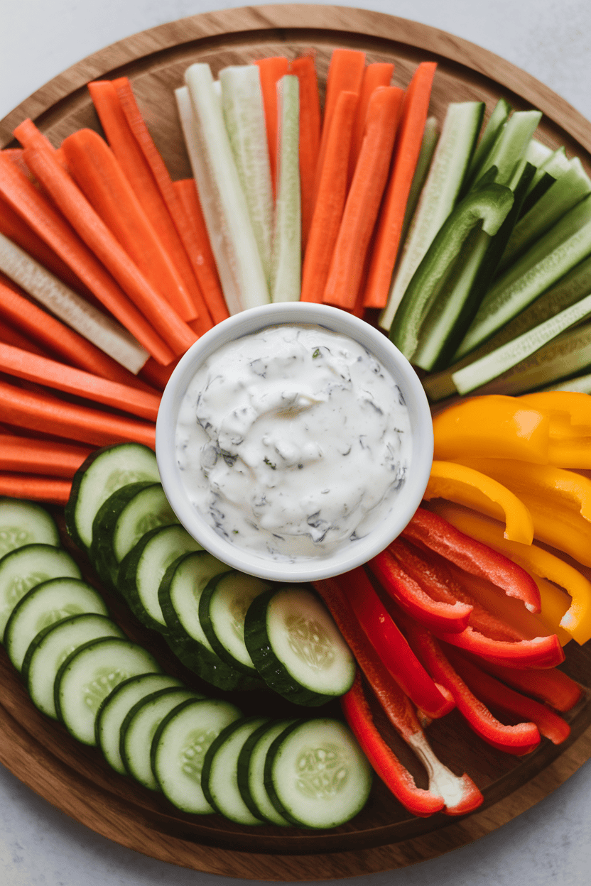 An indoor platter of assorted carrot sticks, cucumber rounds, and bell pepper strips arranged around a small bowl of creamy ranch dip made with Greek yogurt. No text or logos; photo only.