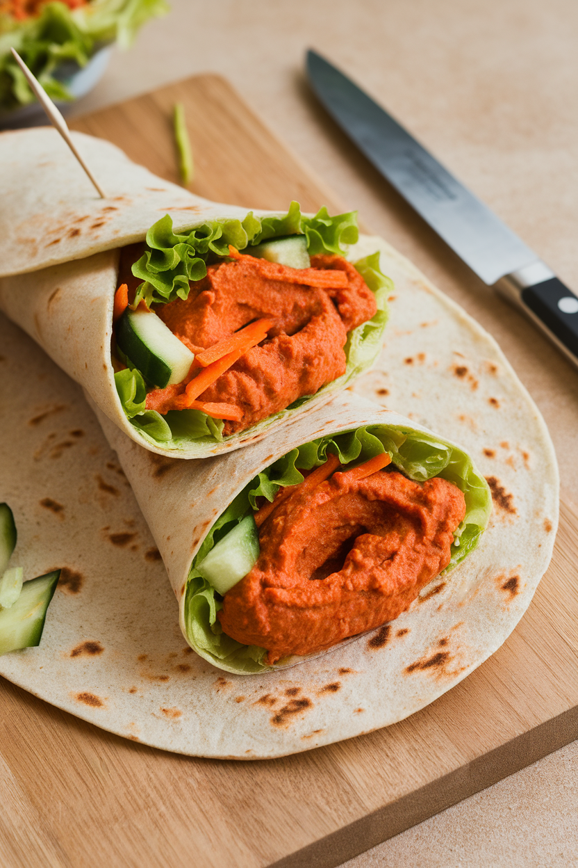 An indoor cutting board with a halved wrap showing vibrant roasted red pepper hummus, lettuce, cucumber strips, and shredded carrots inside. No logos or text.