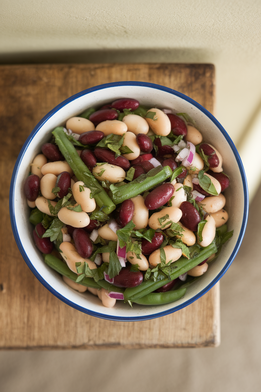 Indoor photo of kidney, cannellini, and green beans tossed with parsley, oregano, and red onion in a large bowl; overhead view, no text or logos.
