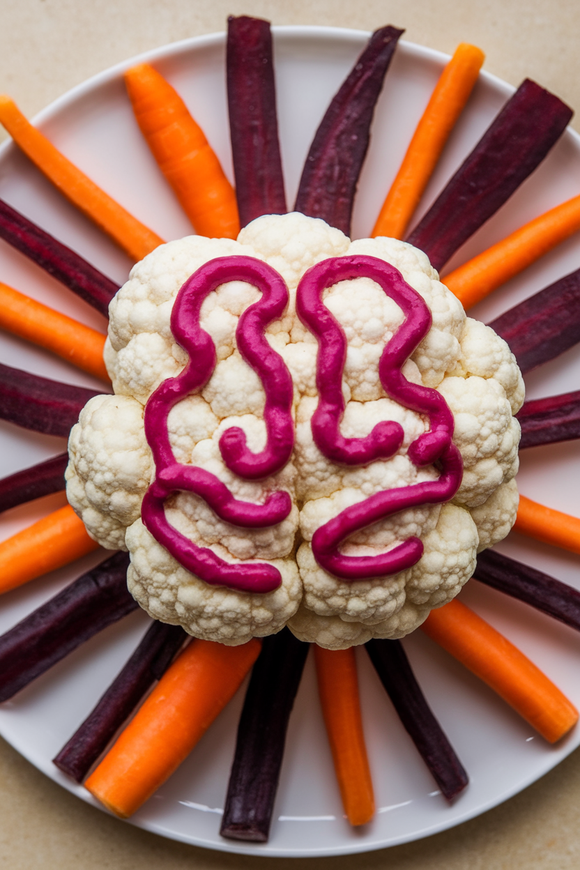 Indoor photo of a whole steamed cauliflower set on a white plate, drizzled with bright magenta beet yogurt dip to mimic brain folds. Orange and purple carrot sticks circle the plate. No text or logos.
