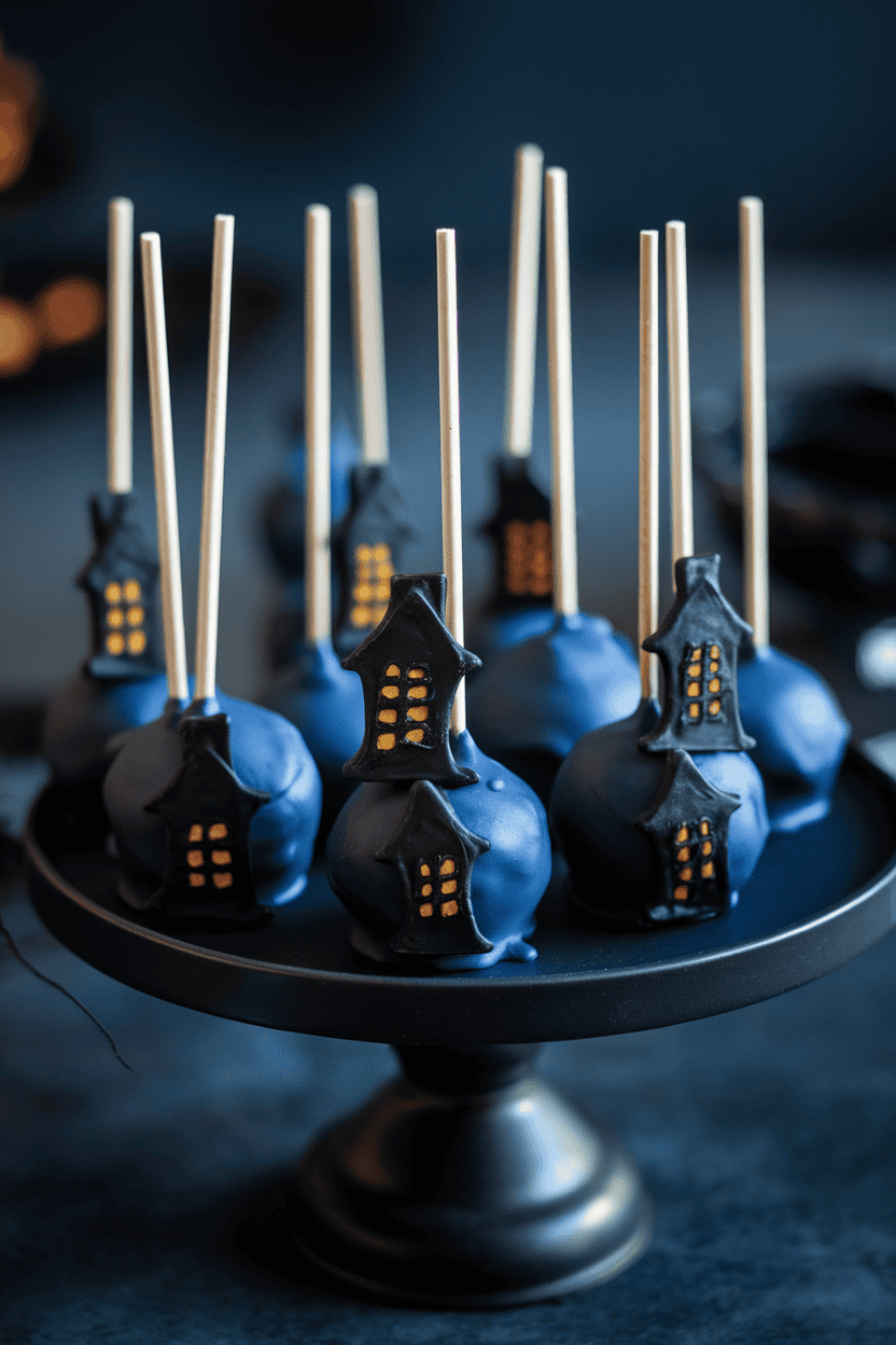 Midnight-blue coated cake pops with tiny black haunted house silhouettes painted on, displayed indoors on a matte black plate; no text or logos. Photo.