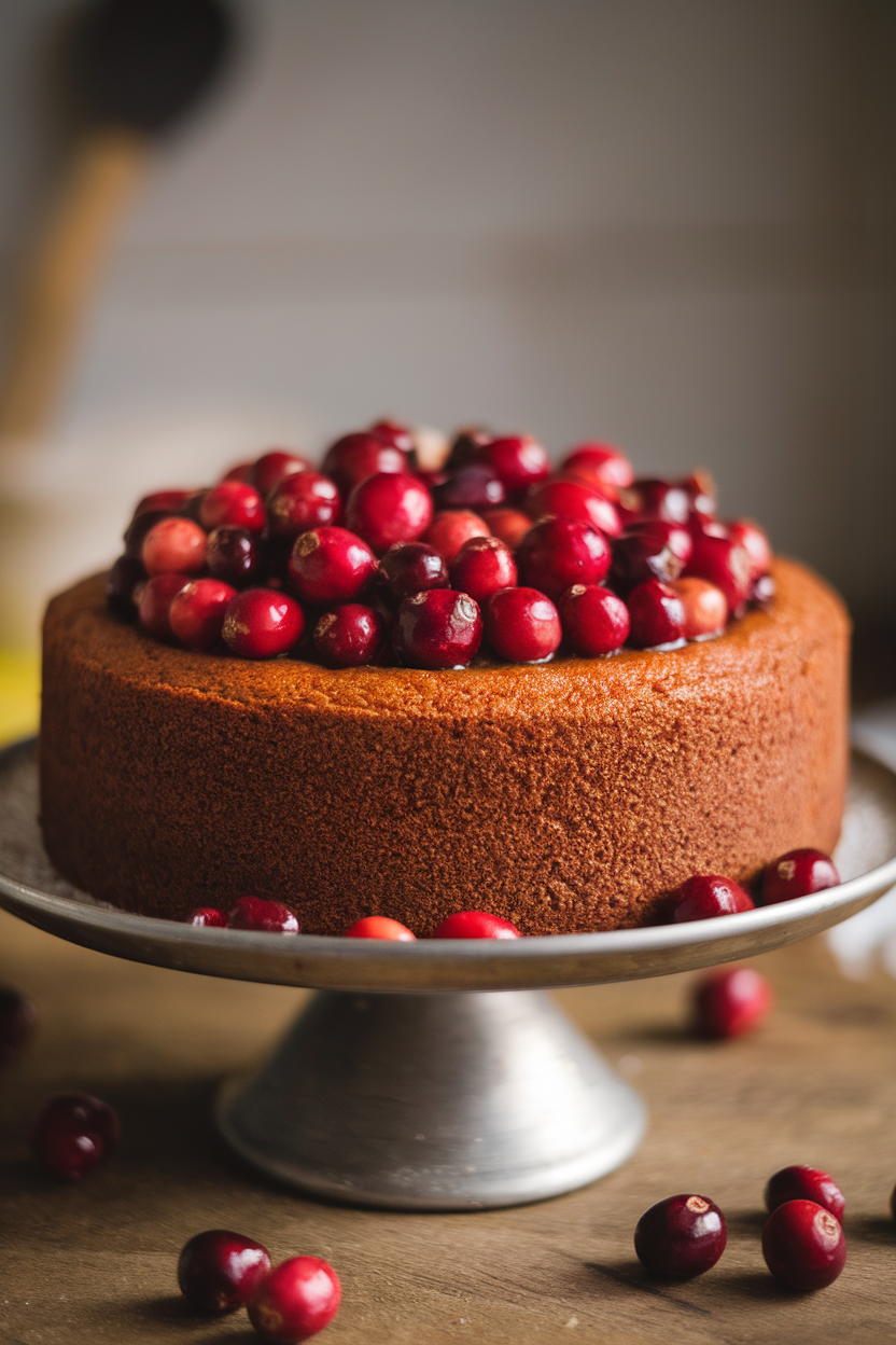 Indoor photo of a round cake topped with glossy cranberries caramelized in brown sugar, centered on a cake stand. No text or logos.