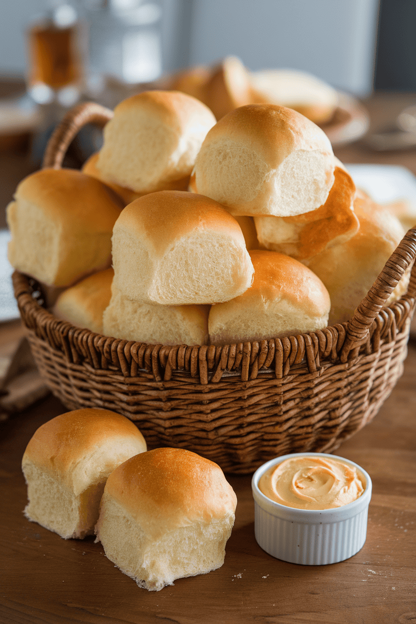 An indoor dining table stacked with fluffy golden Hawaiian rolls in a woven basket, a small ramekin of whipped honey butter beside them. No text or logos; photo only.