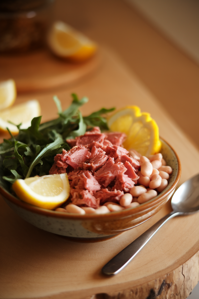 Warm indoor image of a bowl featuring flaked olive-oil packed tuna, cannellini beans, arugula, and lemon wedges, drizzled with herb vinaigrette. No text or logos.
