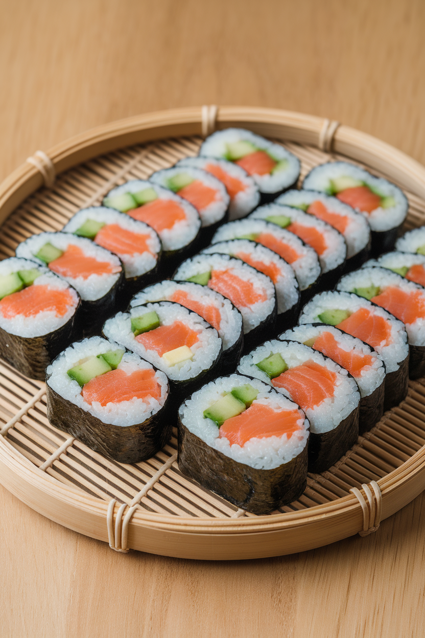 Indoor photo of neatly sliced brown rice sushi rolls filled with cooked salmon, cucumber, and avocado on a bamboo platter; no text or logos.