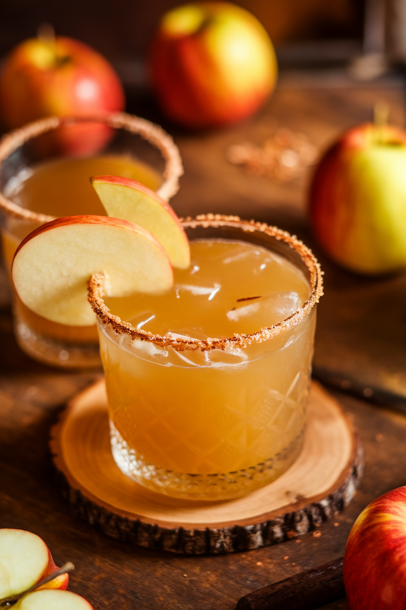 Photo of a cinnamon-sugar rimmed rocks glass indoors, holding a golden apple cider margarita with a thin apple wheel garnish. No text or logos.