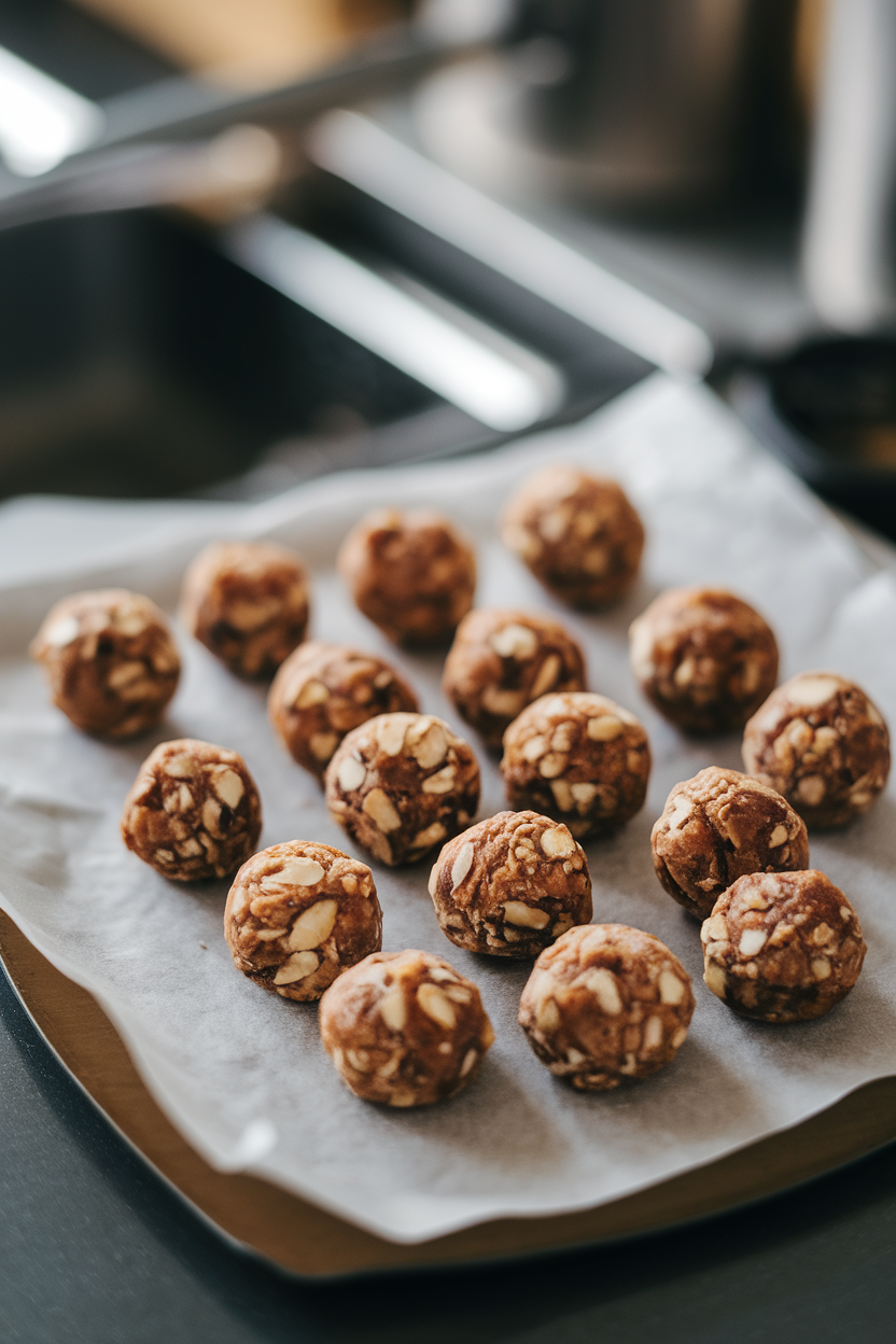 An indoor countertop with round almond-date energy bites arranged on parchment; soft lighting, no branding visible.