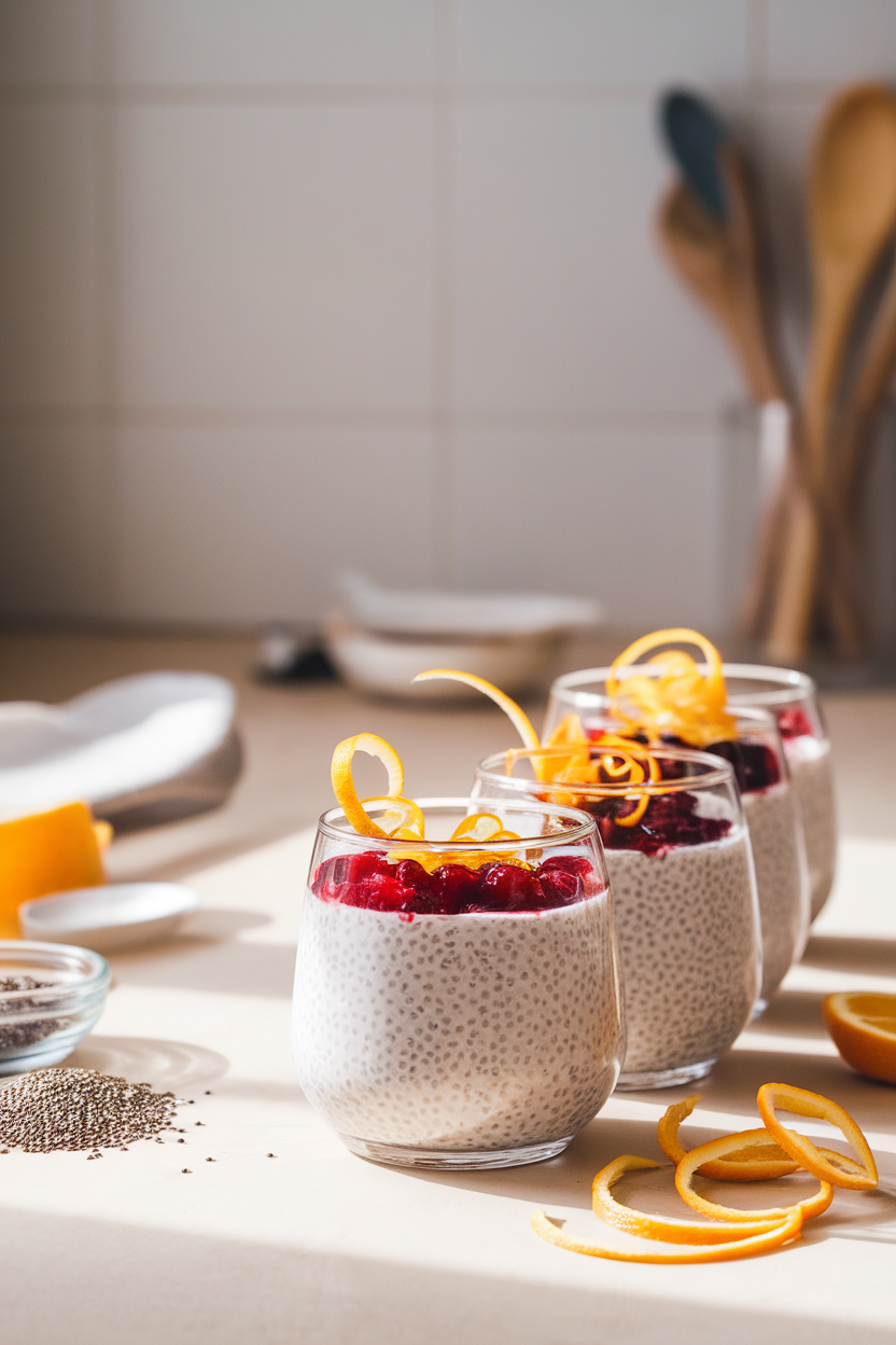 A softly lit indoor countertop featuring stemless glasses layered with white chia pudding, vibrant cranberry compote, and fresh orange zest curls. No text or logos.