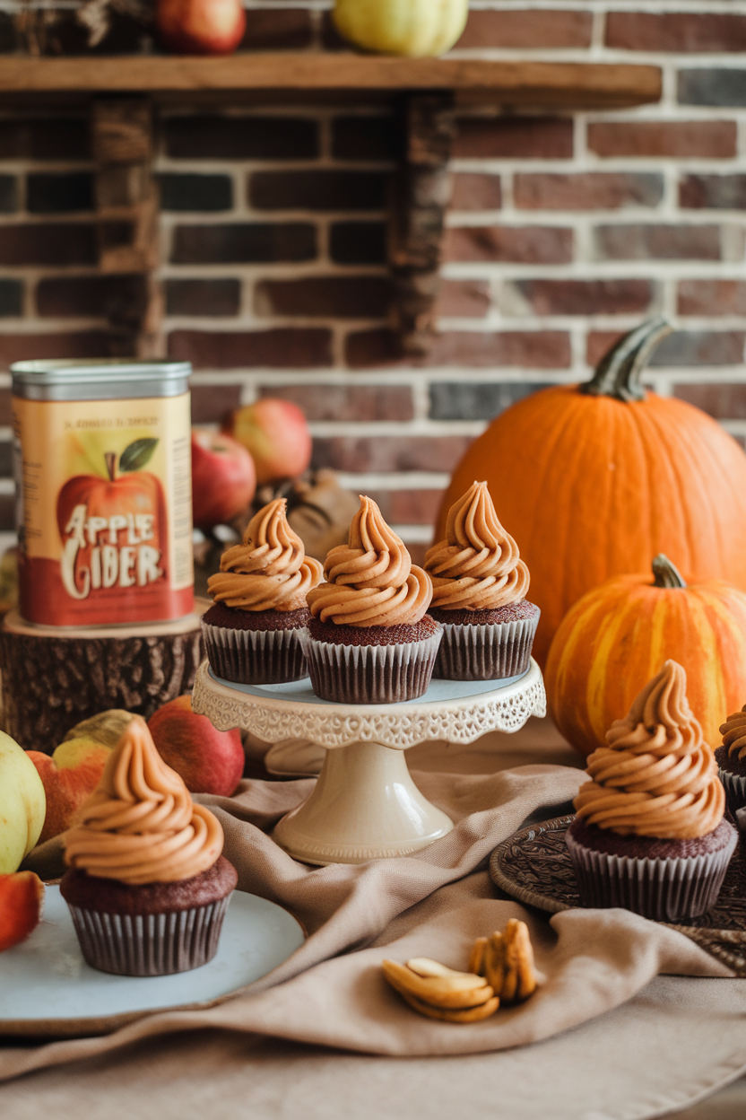 Indoor autumn-themed setup showing apple cider cupcakes with tall caramel buttercream swirls and tiny dried apple chips, no text or logos.