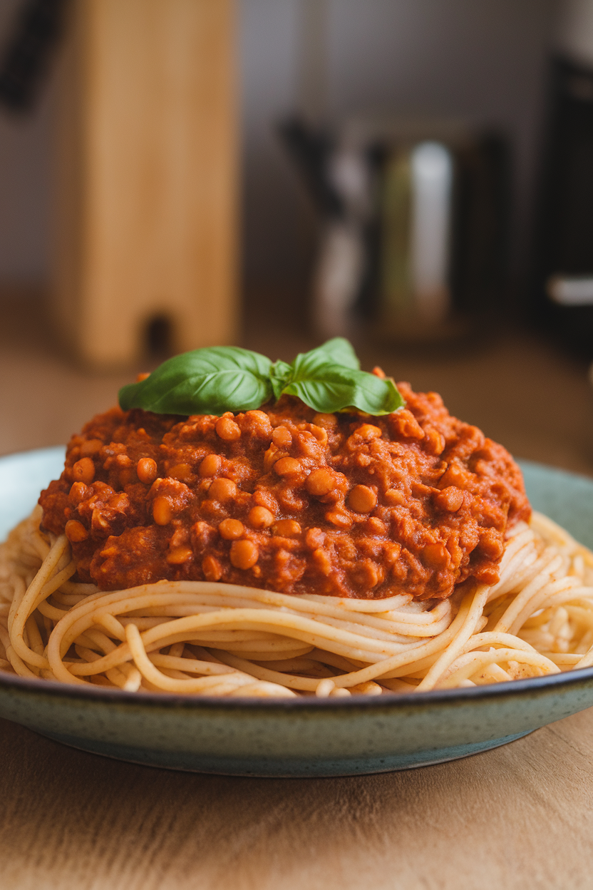 Indoor photo of whole-wheat spaghetti topped with thick lentil Bolognese sauce, basil sprinkled on top; no text or logos shown.