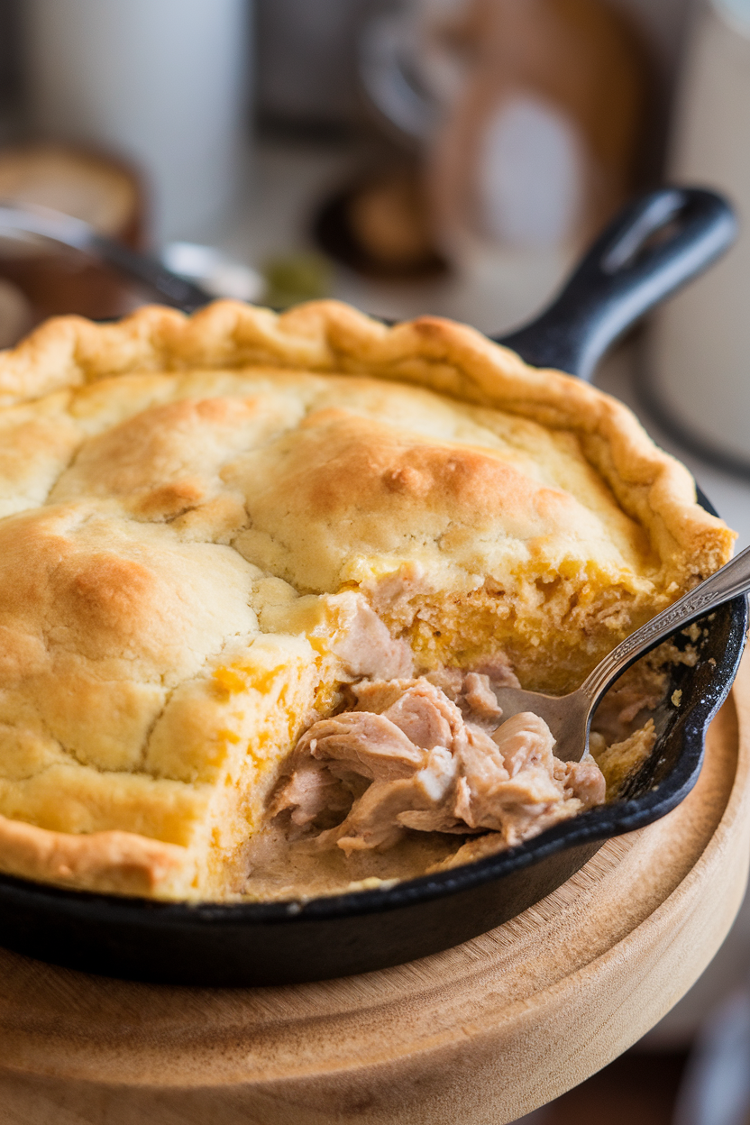 Indoor photo of a skillet pot pie with a golden cornbread crust, a spoon revealing creamy turkey filling beneath. No text or logos.