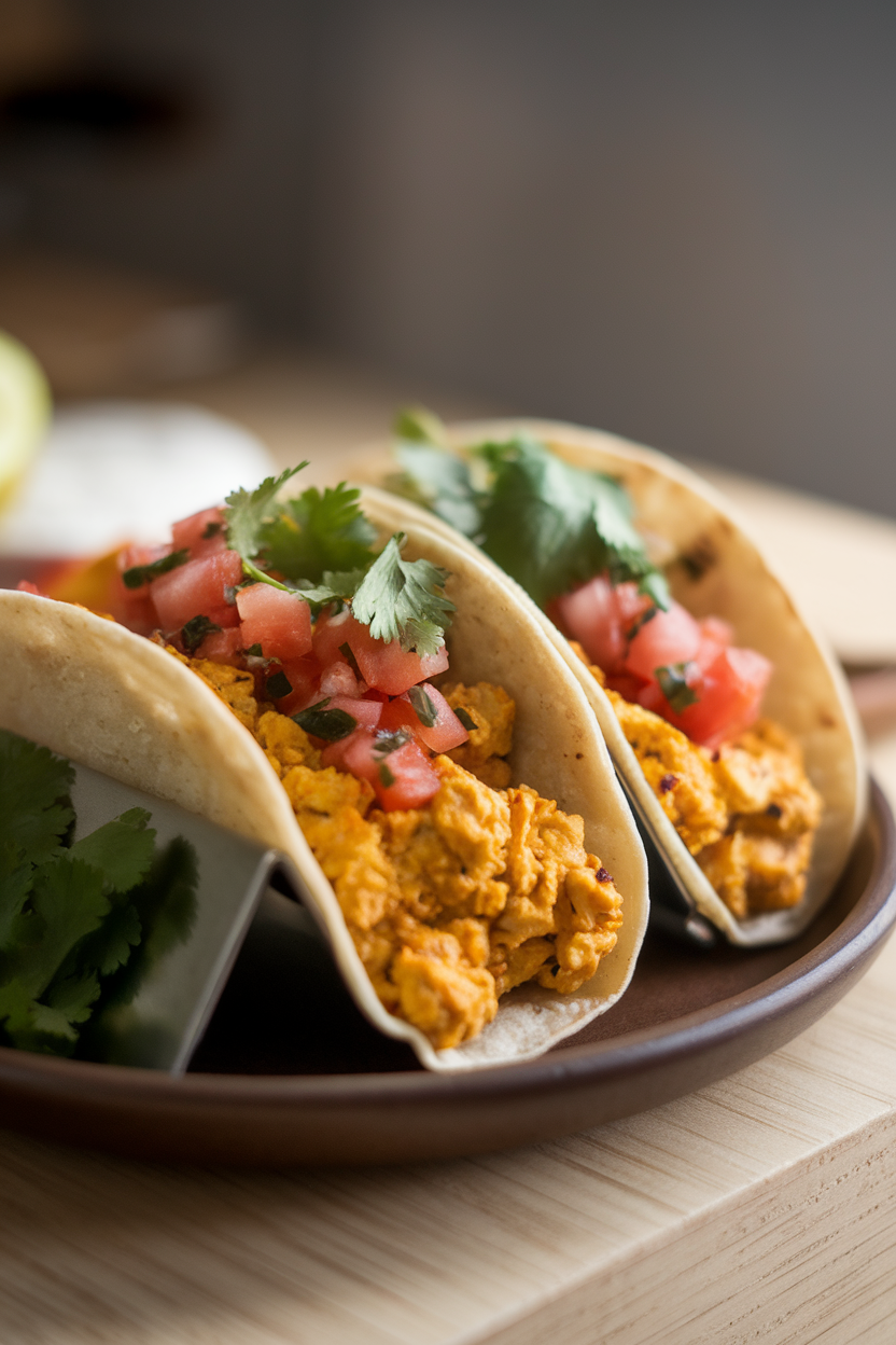 A small indoor plate featuring two corn-tortilla tacos filled with tofu scramble, salsa, and cilantro, shot three-quarter overhead. No text or logos visible.