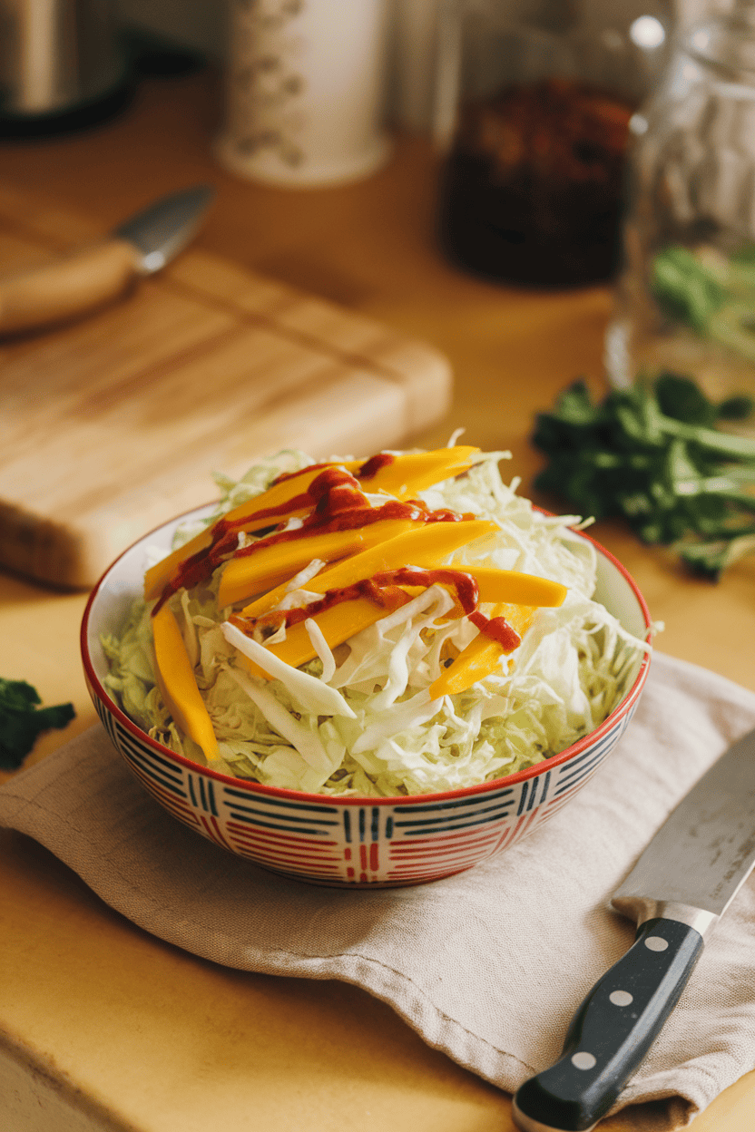Warm indoor countertop with a colorful bowl of shredded cabbage and mango strips tossed in chili-lime dressing. No text or logos present. Photo, not illustration.