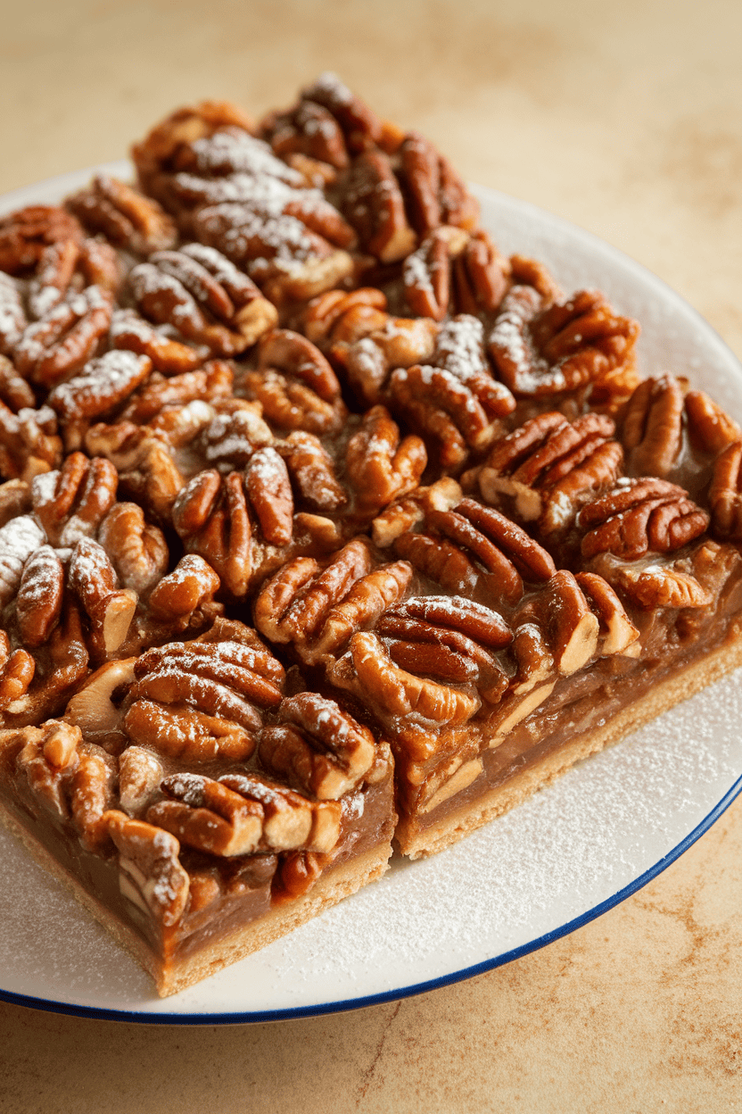 Indoor photo of pecan pie bars with glossy nut topping on a shortbread crust, cut into rectangles, no text or logos