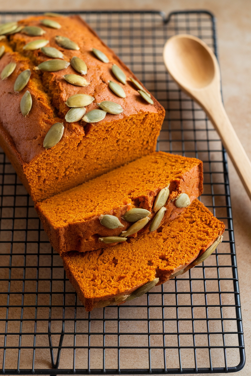 An indoor cooling rack holding a loaf of pumpkin bread, two slices fanned out to reveal a moist orange crumb with scattered pumpkin seeds on top. No text or logos.