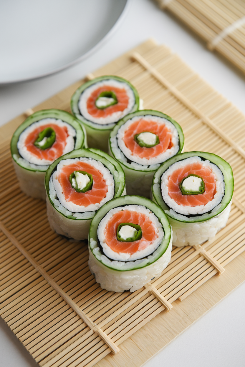 Indoor sushi mat scene with thin cucumber ribbons rolled around smoked salmon, cream cheese, and chives, sliced into spirals. No text or logos.
