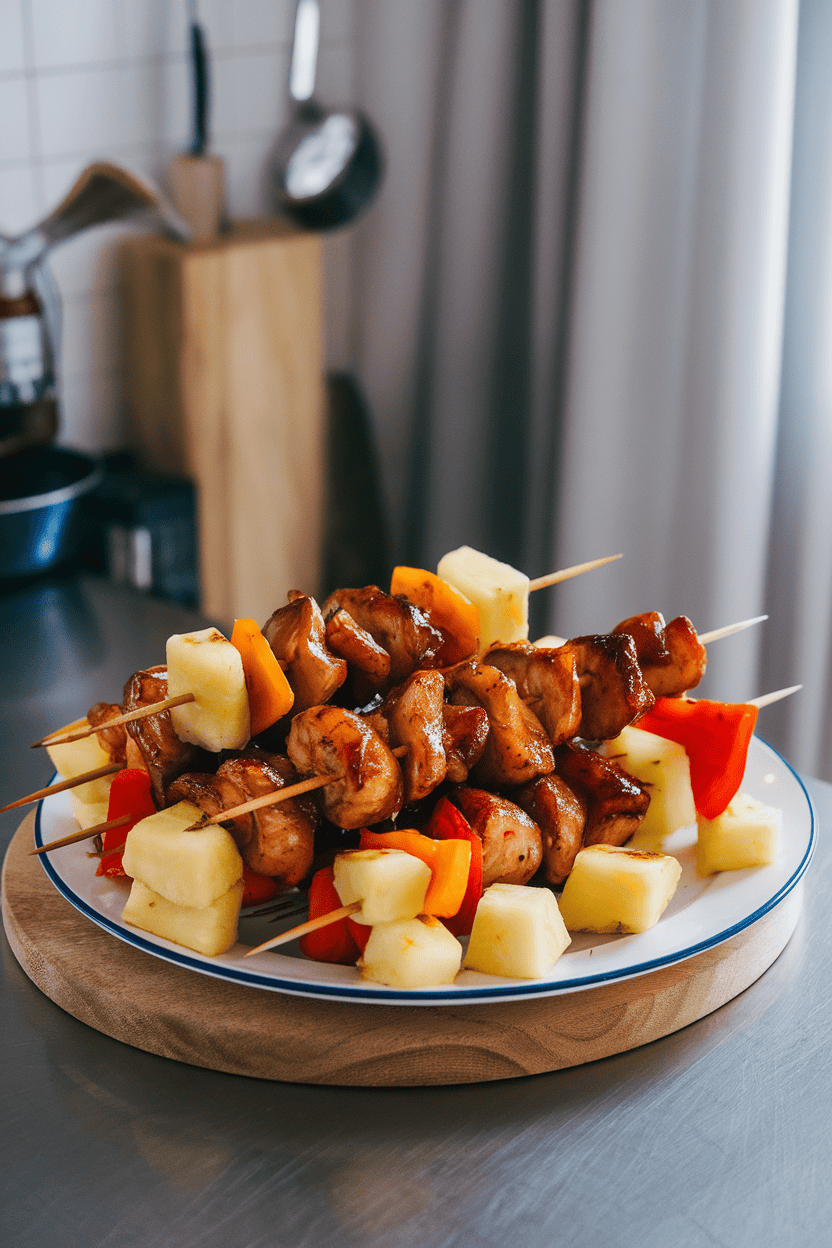 Indoor kitchen island with skewers of glazed chicken, pineapple cubes, and bell peppers arranged on a white platter, caramelized bits visible. No text or logos present. Photo, not illustration.