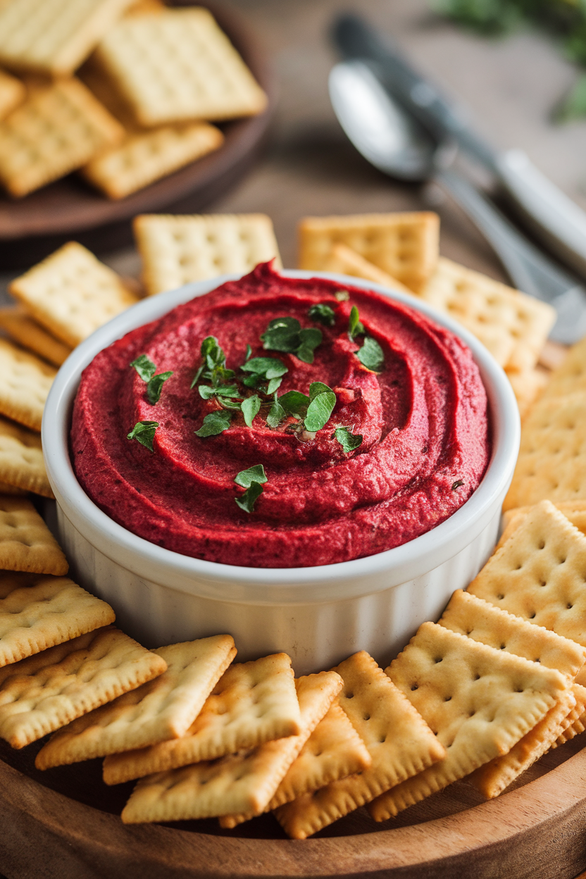 Indoor photo of a bowl of creamy cranberry jalapeño dip dotted with herbs, surrounded by plain crackers; soft light, no text or logos.