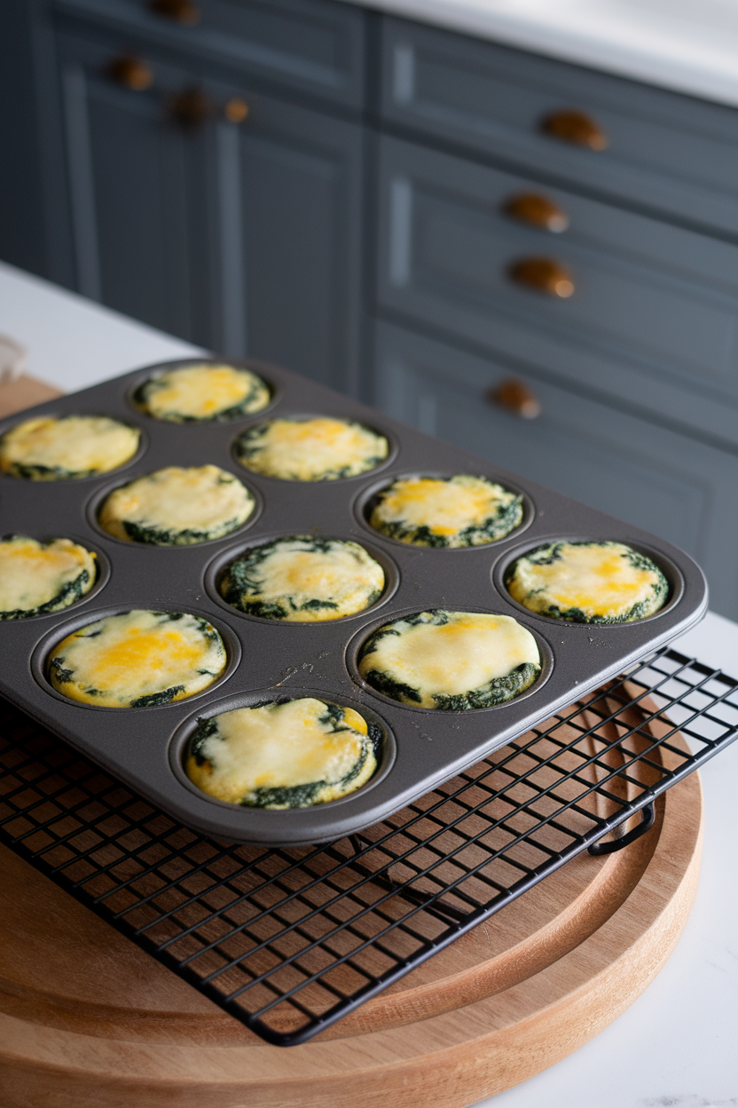 Indoor muffin tin on a cooling rack with mini frittatas showing bright green spinach and melted cheese. No text or logos.