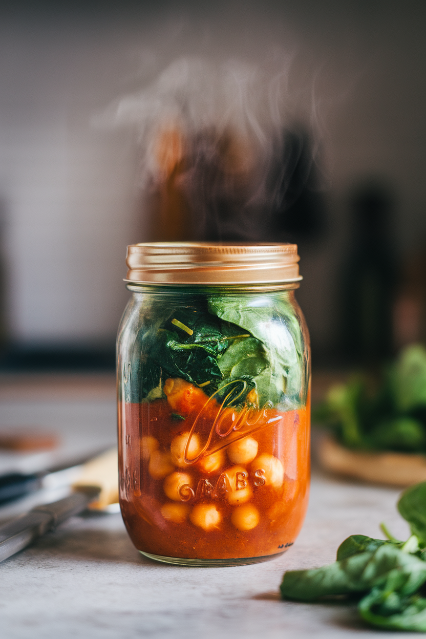 Photo, indoor countertop featuring a mason jar layered with tomato-rich chickpea stew and wilted spinach, steam just visible; no text or logos.