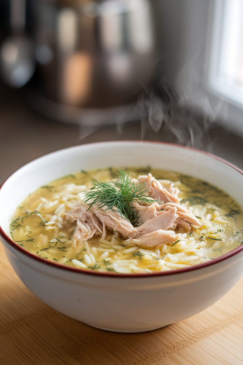 A soup bowl indoors filled with lemony broth, shredded chicken, orzo, and dill, steam rising. No logos or text.