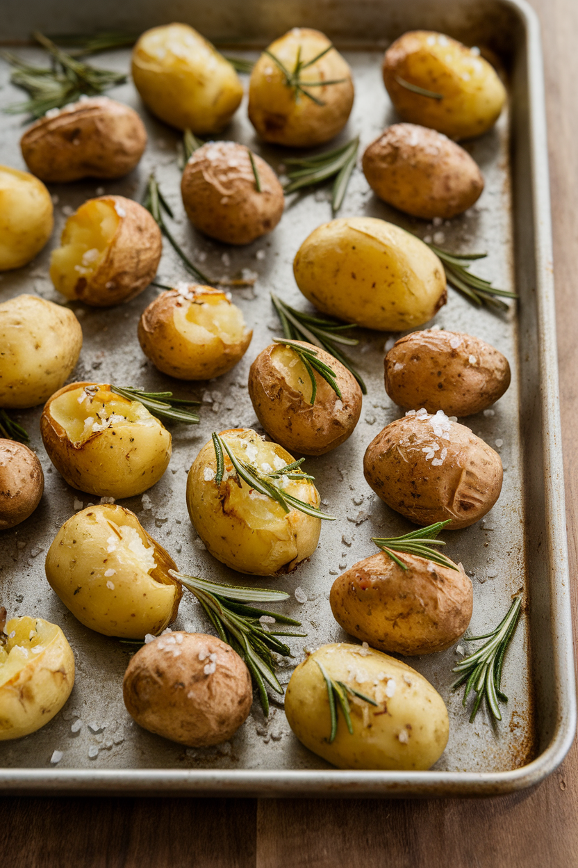 An indoor baking sheet lined with roasted fingerling potatoes speckled with rosemary and sea salt, no text or logos. Photo.</Prompt