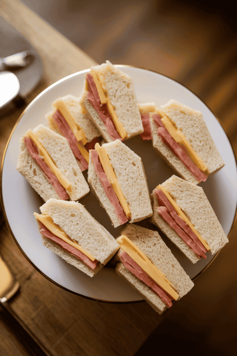 Overhead indoor photo of small rectangular tea sandwiches cut into coffin shapes, crusts removed, lids slightly askew to show ham and cheese filling. Photo only; no logos or text.