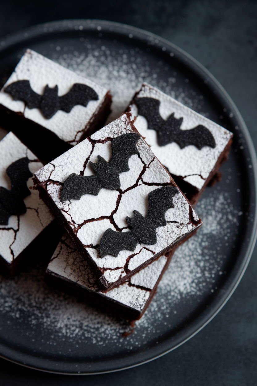 Indoor image of dark espresso brownies topped with tiny black sugar bat sprinkles on a matte charcoal plate; soft overhead lighting, no text or logos