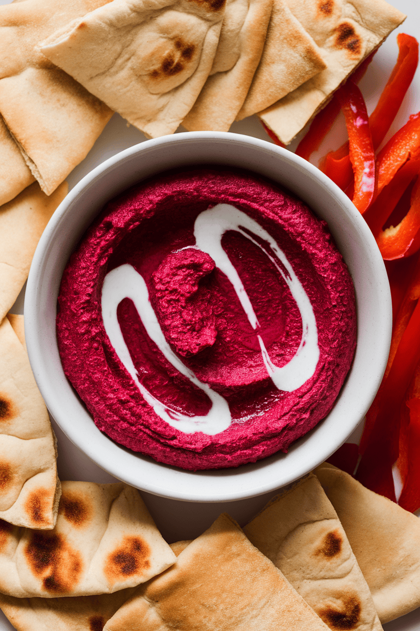 Indoor photo of a shallow white bowl of vivid beet hummus, two streaks of sour cream “fang marks” on top, surrounded by pita triangles and red pepper strips. No text or logos.
