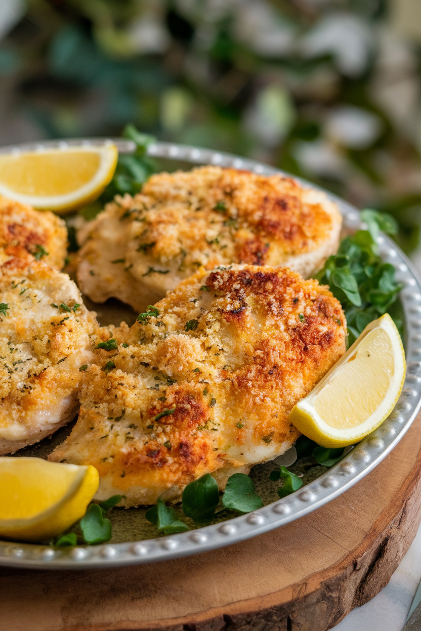Indoor platter of golden Parmesan-crusted chicken cutlets, lemon wedges on the side. No text or logos. Photo.