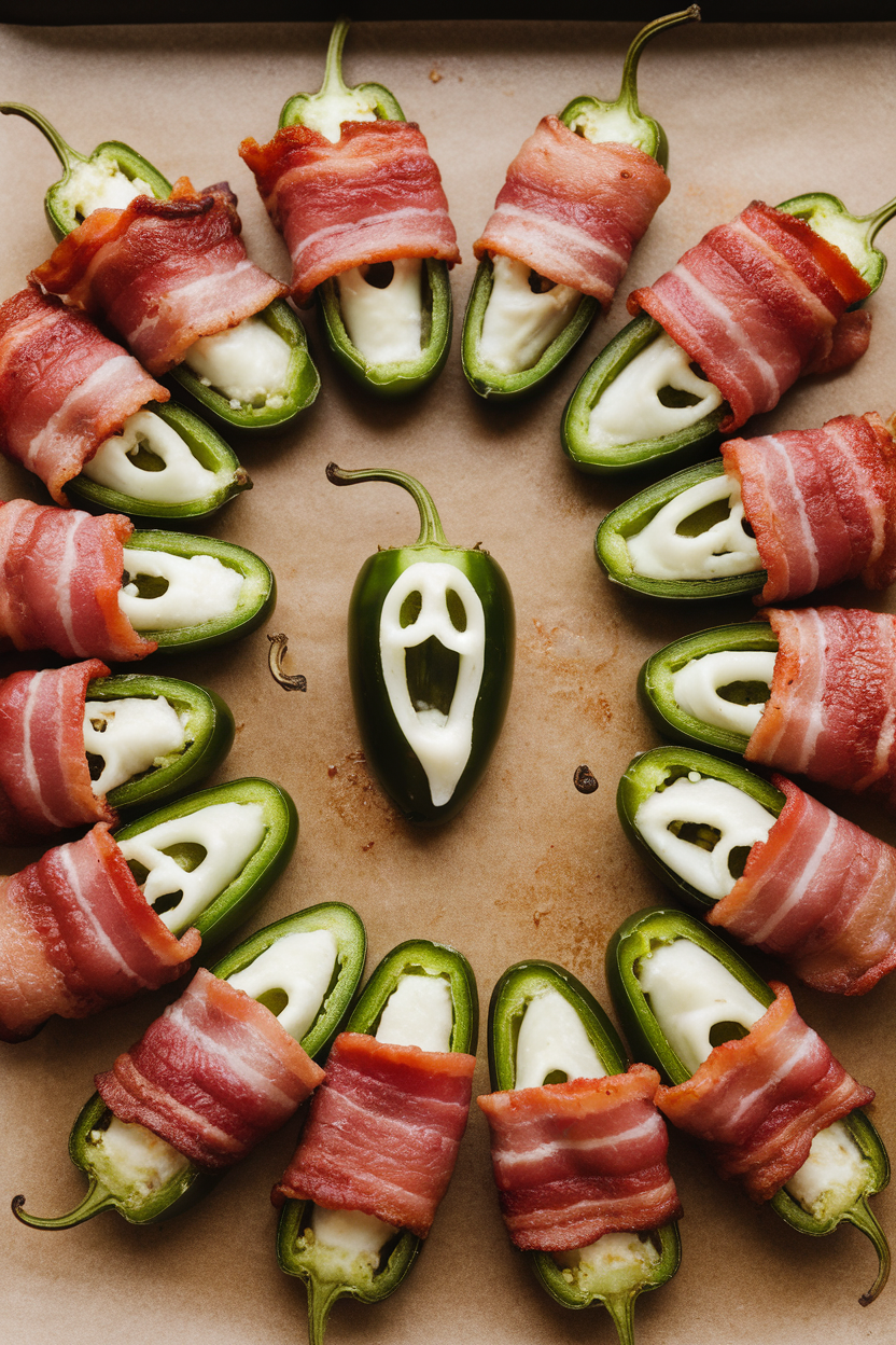 Indoor baking tray of jalapeño halves stuffed with cheese, wrapped in bacon, and carved with mini mouths to look like screaming ghosts. Photo, no text or logos.