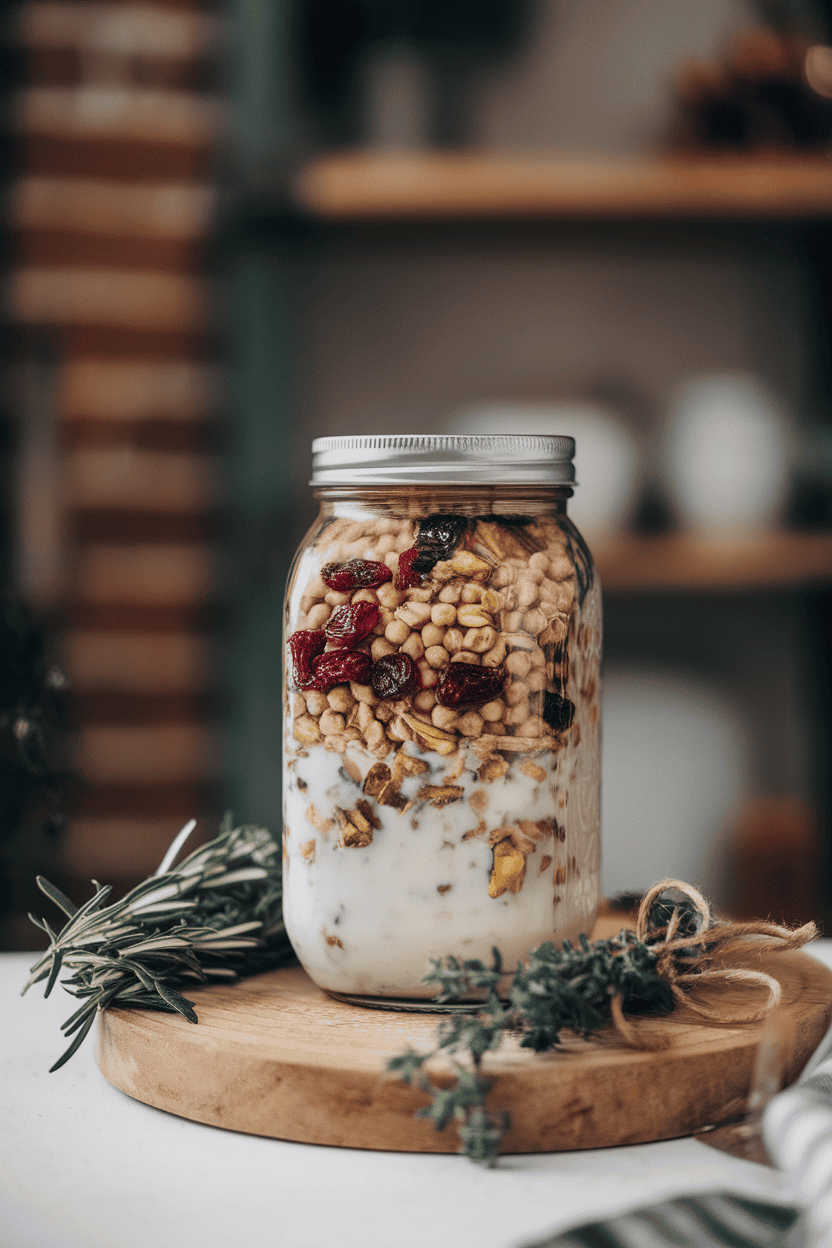 Indoor photo of a jar with chewy wheat berries, dried cranberries, and chopped pistachios submerged in almond milk, no text or logos.