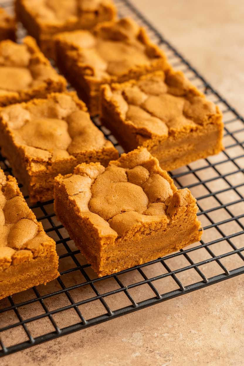 Indoor photo of pumpkin blondie squares with crackly tops on a cooling rack, no text or logos