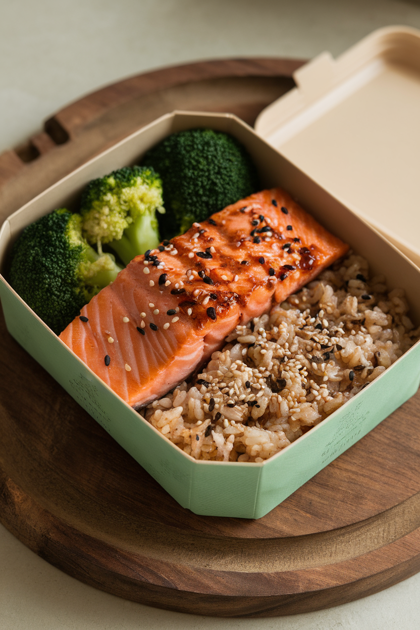Photo of a bento box indoors holding cooked teriyaki salmon fillet, steamed broccoli, and brown rice sprinkled with sesame seeds. No text or logos.