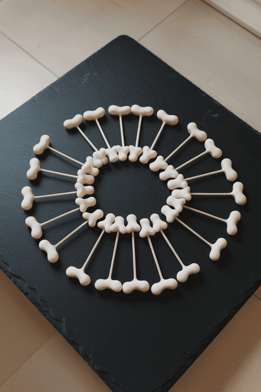 White, bone-shaped cake pops laid out on a black slate slab indoors; no logos or text. Photo.