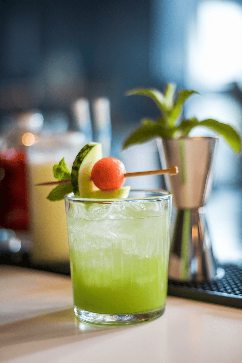 Indoor bar with rocks glass of neon green Midori-watermelon cocktail, crushed ice, mini melon ball skewer; no text or logos.